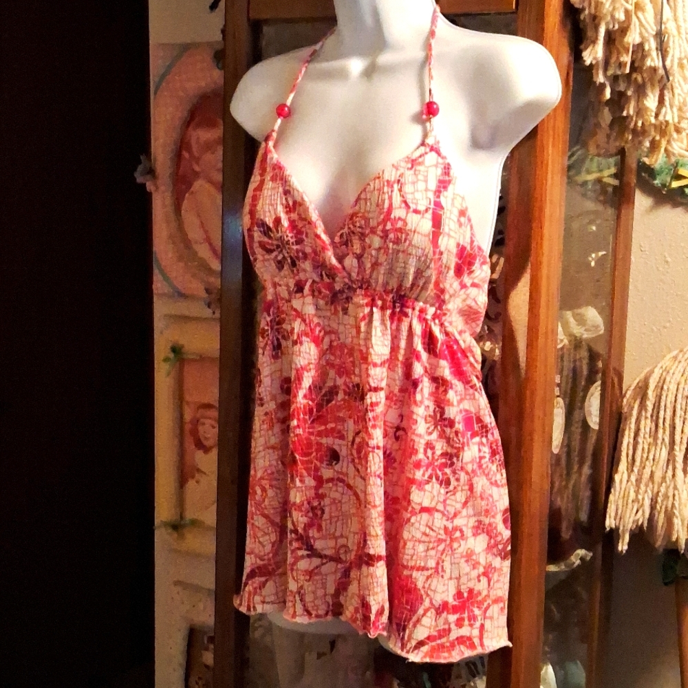 70's Inspired,Vintage 80s,Floral,Halter Style,Smock Top/Tie Belt & Built In Bra❤